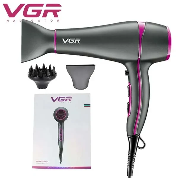 VGR V-402 Professional Hair Dryer 1800-2200 W 3 Heat Setting (Hot/Cool/Warm) with Independent Cool Shot comes with Diffuser, Concentrator, Double Overheating Protection and 2 Speed Settings -Black