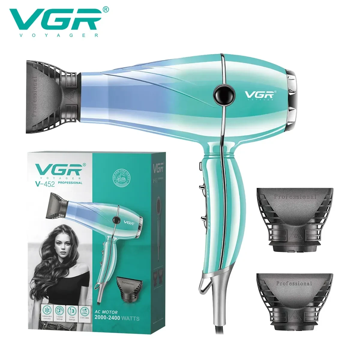 VGR V-452 Professional Salon Series Hair Dryer 2000-2400W AC Motor 3 Heat Setting Independent Cool Shot Styling Comb Nozzle Overheating Protection with Turbo Function & 2 Speed Setting