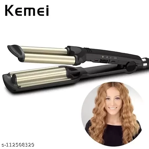 Kemei KM-2022 Hair Curling Ceramic 3 Barrel Clamp Curler - Golden & Black