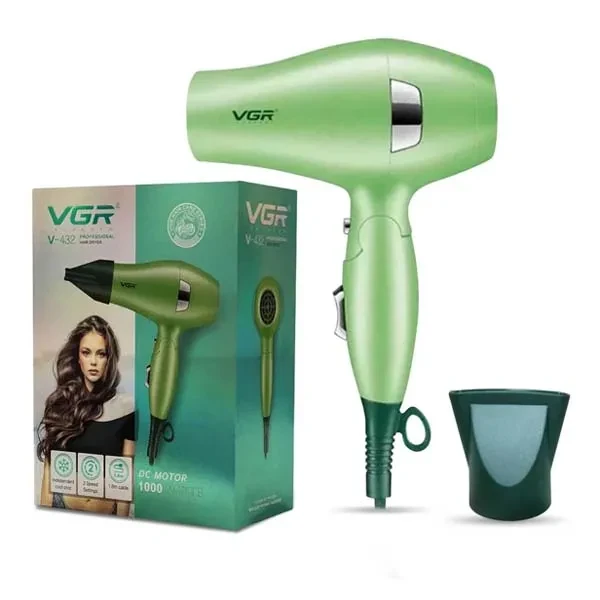 VGR V-432 Professional Foldable Hair Dryer 1000 Watts DC Motor 2 Speed Settings with Styling Concentrator, Overheating Protection, Independent Cool Shot Button & a Hanging Loop,1.8M cable - Green