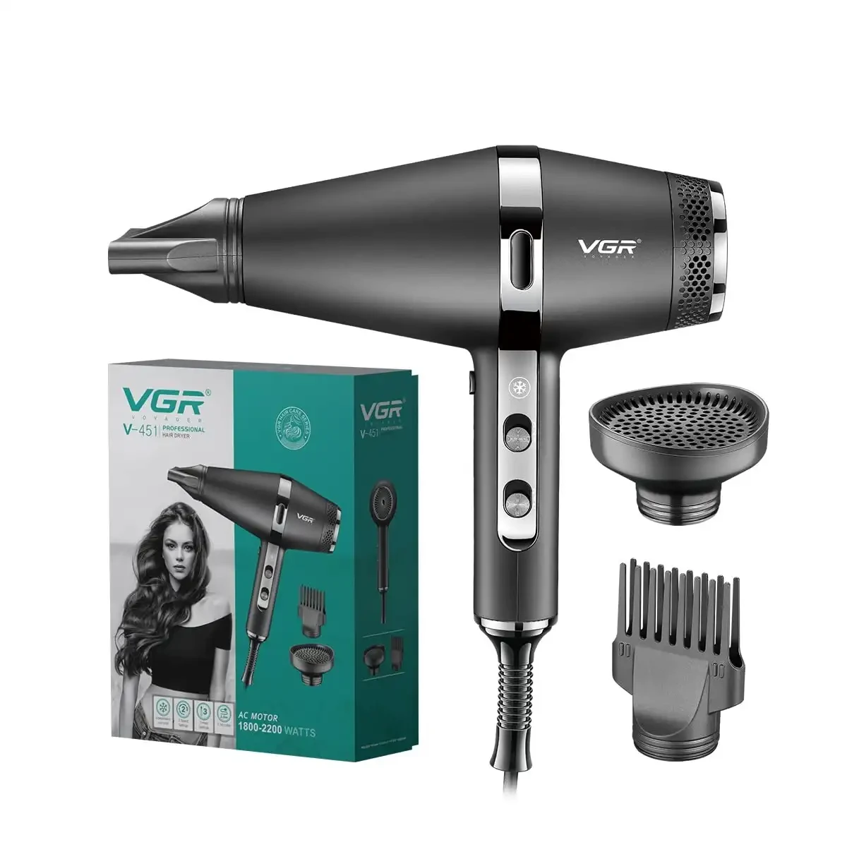 VGR V-451 Professional Salon Series Hair Dryer 1800-2200W AC Motor 3 Heat Setting Independent Cool Shot Styling Comb Nozzle Concentrator Overheating Protection with Turbo Function & 2 Speed Setting